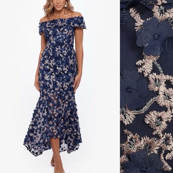 Xscape Dresses & Skirts - Xscape Women's 14W BRYNLEE Off The Shoulder Blue Raise Flower Evening Midi Dress